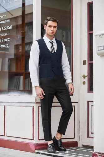 Vista 3 de COOFANDY Chaleco de traje para hombre, ajustado, doble botonadura, chaleco formal de negocios