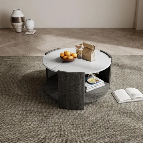 Vista 6 de Mesa de centro redonda, mesas de centro redondas rústicas modernas con estante de almacenamiento de 2 niveles, mesa de cóctel para sala de estar