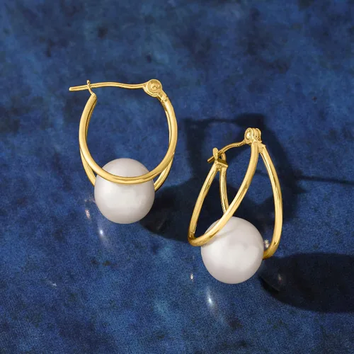 Vista 6 de Ross-Simons 8-9mm Cultured Pearl Double-Hoop Earrings in 14kt Yellow Gold. 34
