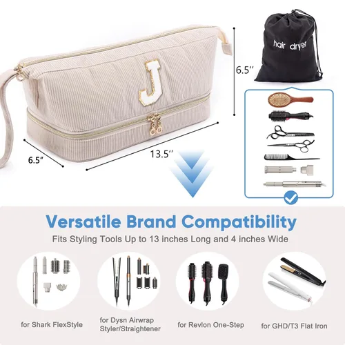 Vista 4 de Estuche para secador de pelo personalizado con inicial, de doble capa, herramientas para el cabello, estuche de transporte de viaje para Shark Marfil