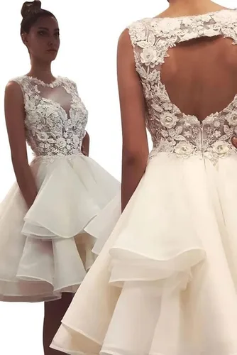 Vista 4 de Vestido corto de tul con apliques de encaje para adolescentes, cuello en V, vestido de cóctel acampanado