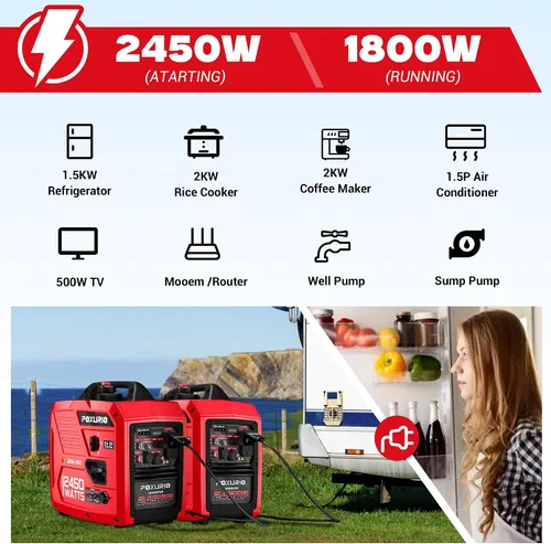 Vista 5 de Generador inversor de combustible dual de 2450 vatios para uso doméstico, tanque de combustible grande de 1.6 galones hasta 8.3 horas de uso