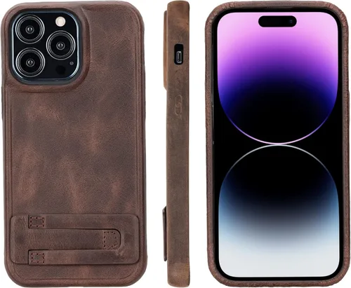 Vista 17 de Bayelon Funda de casco para iPhone 14 Plus - Funda delgada 360 de grano completo - Funda de cuero con función de atril (marrón oscuro)