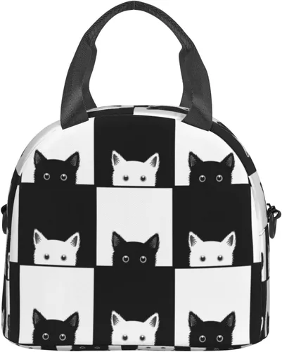 Vista 2 de Bolsa de almuerzo para gatos blancos y negros con correa ajustable para el hombro para mujeres y hombres, lonchera reutilizable, a prueba de fugas