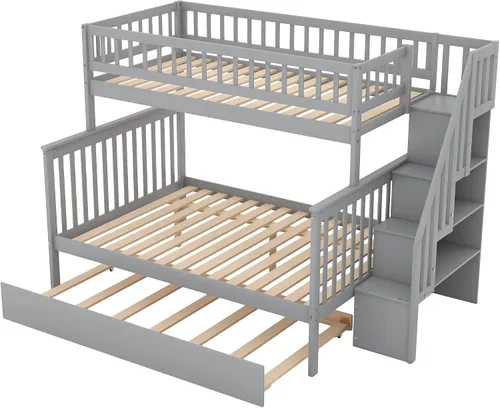 Vista 5 de Harper & Bright Designs - Literas de madera individual sobre matrimonial con nido, marco de cama de madera maciza con estante de almacenamiento