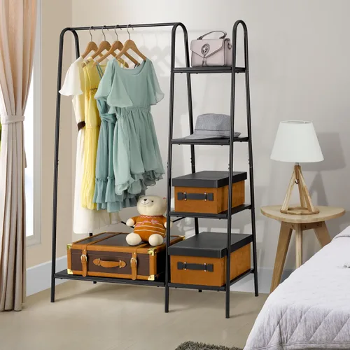 Vista 2 de Finnhomy Perchero Rústico para Ropa, Perchero para Colgar Ropa Heavy Duty Perchero para Prendas con 5 Estantes de Madera Organizador de Closet