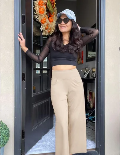 Vista 2 de Promover - Pantalones anchos para mujer, pantalones de yoga con bolsillos, cintura alta, elásticos, pantalones de chándal, talla pequeñaregularalta