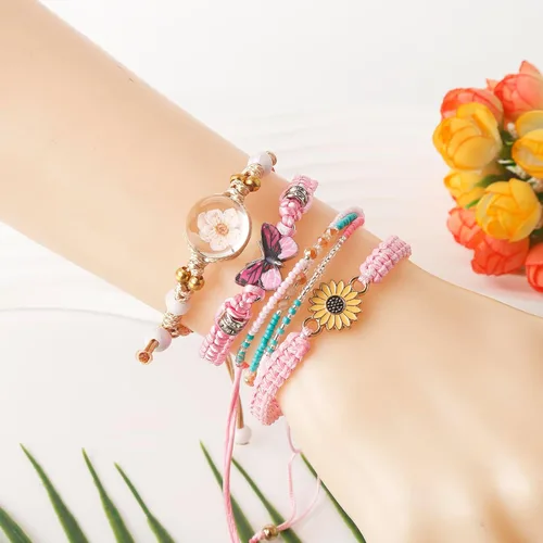 Vista 6 de Juego de 4 pulseras de cuentas para adolescentes y niñas, delicadas y lindas caricaturas de mariposa, margarita, flores eternas, juego de pulseras