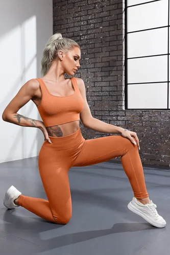 Vista 5 de QINSEN FAFOFA - Conjunto de 2 piezas de entrenamiento, para mujer, brasier deportivo sin costuras, cintura alta, leggings de yoga.
