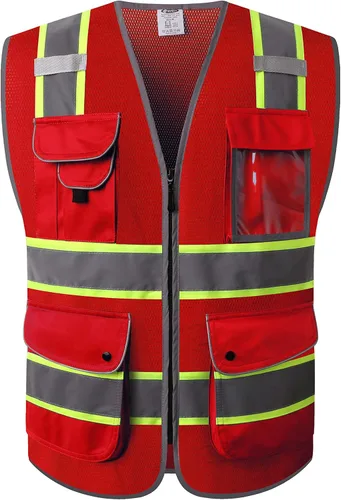 Vista 15 de JKSafety Chaleco de seguridad frontal con cremallera de alta visibilidad Clase 2 de 9 bolsillos con tiras reflectantes, cumple con las normas