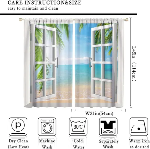 Vista 2 de Cortinas opacas para dormitorio con temática de vacaciones en la playa, palmeras, estilo verano, con bolsillo para barra, para sala de estar