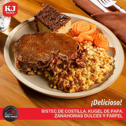 Vista 3 de KJ Poultry Comidas preparadas Kosher – Carne de carne y kugel de ternera, comidas de carne MRE listas para comer, comida de shabbos (paquete de 1)