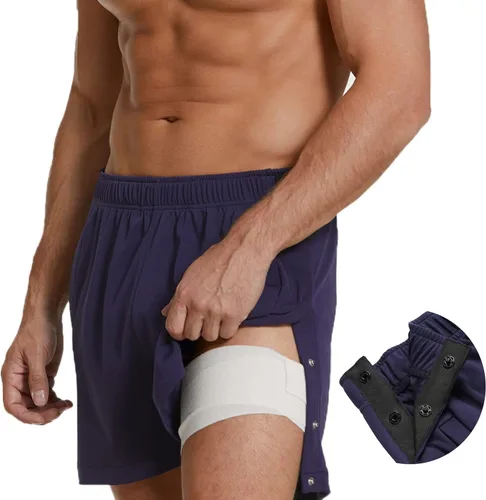 Vista 3 de Deyeek Pantalones cortos deportivos para hombre con cierre a presión, adaptativo, posteriores a la cadera, recuperación de rodilla con bolsillos