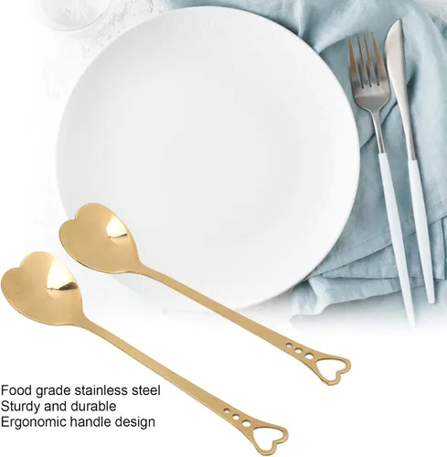 Vista 2 de Pssopp 2 cucharas de postre de café, diseño en forma de corazón, cuchara de metal para agitar, té, postre, bebidas, helado, Oro, Moderno