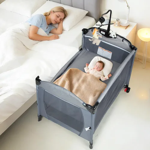 Vista 7 de MMBABY Paquete 5 en 1 cuna portátil para bebé, cuna multifunción para recién nacidos a niños pequeños, cambiador de pañales en forma de U, corral