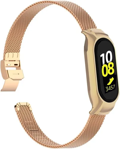 Vista 8 de Correa de reloj de metal compatible con Samsung Galaxy Fit2 SM-R220 de acero inoxidable con marco de bisel protector con diseño de malla