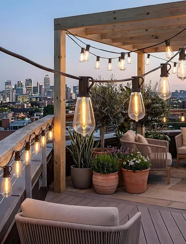 Vista 4 de Tira de luces LED ST40 de 20 pies para exteriores con 22 bombillas Edison vintage inastillables, tira de luces para patio, impermeable, para patio
