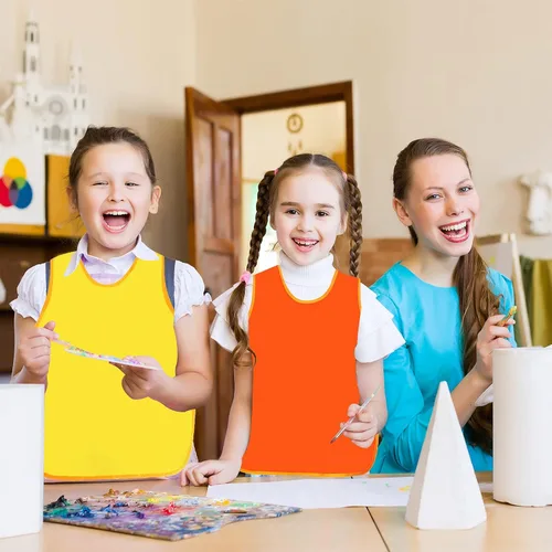 Vista 5 de Paquete de 4 delantales artísticos para niños, delantales de pintura para niños, espaciosos, sin mangas, impermeables, delantales de pintura