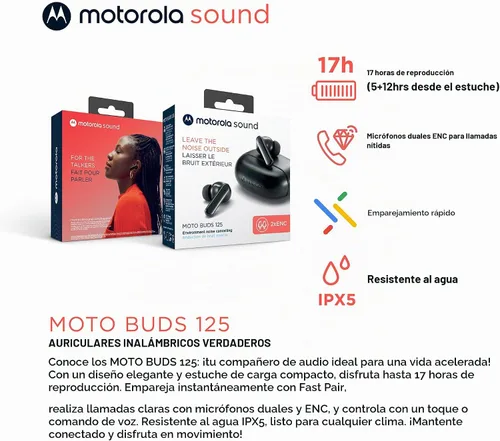 Vista 2 de Motorola Sound Moto Buds 125 True Wireless Earbuds, IPX5, impermeables, a prueba de sudor, control táctil, con micrófono de cancelación de ruido