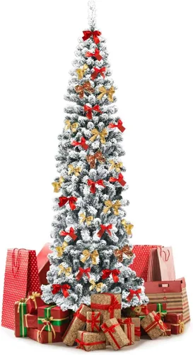 Vista 22 de GOFLAME Árbol de Navidad Artificial Preiluminado de 6 Pies, Árbol de Navidad Delgado con Cobertura de Nieve y Forma de Lápiz con Luces LED