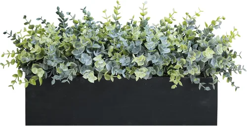 Vista 15 de Winlyn Planta de boj artificial de 14 pulgadas, arreglo de vegetación de boj sintético en negro, maceta rectangular de madera en maceta, planta