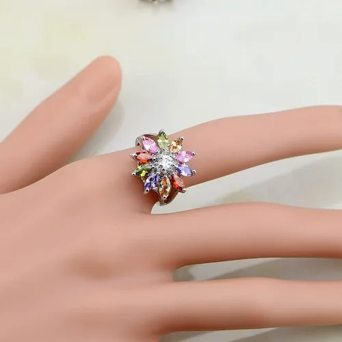 Vista 6 de Juego de joyas de plata de ley 925 con circonita cúbica multicolor para mujer, aretes, dije, collar, anillo, pulsera