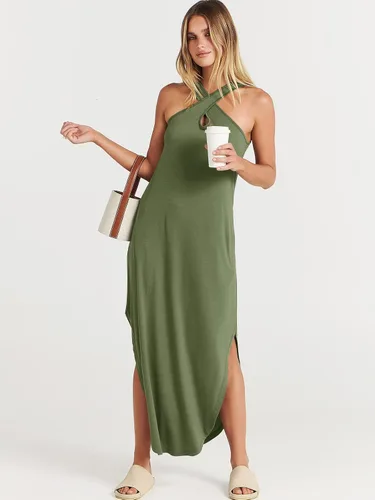 Vista 7 de ANRABESS Vestido largo casual de verano para mujer, con tirantes cruzados, sexy, abertura lateral, sin mangas, suelto, para playa, con bolsillos