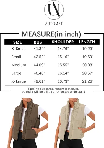 Vista 2 de AUTOMET Chaleco acolchado para mujer, sin mangas, para invierno, ropa de abrigo, cálida, acolchada, ligera, cuello alto, con bolsillos