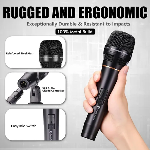 Vista 3 de Micrófono Dinámico - Micrófono Vocal Profesional para Cantar - Micrófono de Mano con Cable con Cable de Audio XLR de 16 ft a 1/4" - Micrófono