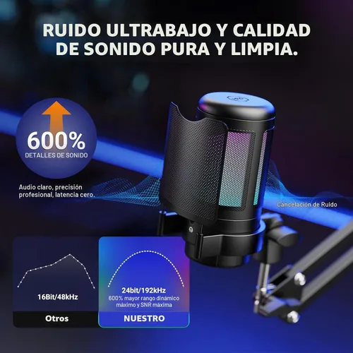 Vista 2 de Kit de micrófono USB para juegos, micrófono de condensador RGB con silencio, ganancia, soporte de brazo ajustable para monitoreo, filtro pop
