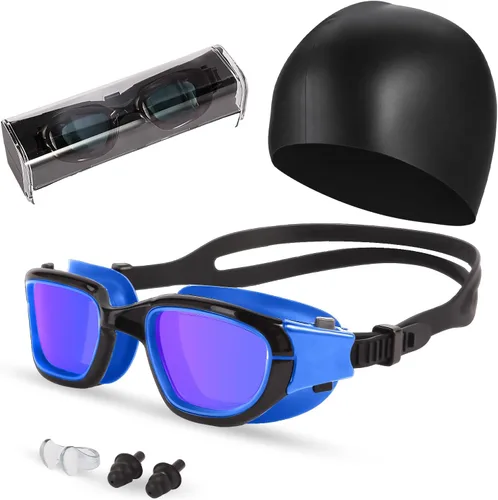 Vista 13 de Gafas de natación, gafas para adultos con gorro de natación, clip de nariz y tapones para los oídos, protección UV, lente antivaho y funda