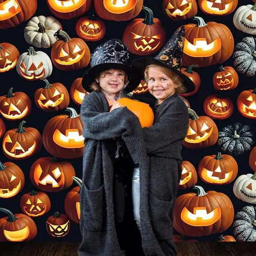 Vista 3 de Avezano Telón de fondo para fotografía de Halloween, faroles de calabaza aterradores, tablero de madera, telón de fondo de Halloween, retrato