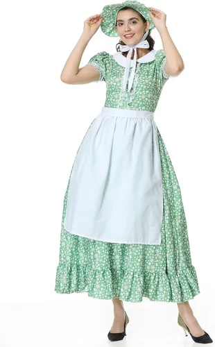 Vista 4 de GRAJTCIN Disfraz de mujer pionera, vestido de pradera colonial, manga corta, disfraz histórico de Halloween