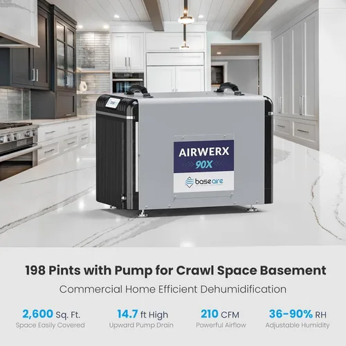 Vista 3 de BaseAire - Deshumidificador de 198 pintas con bomba para espacio de rastreo, sótano, deshumidificador comercial portátil AirWerx90X para todo