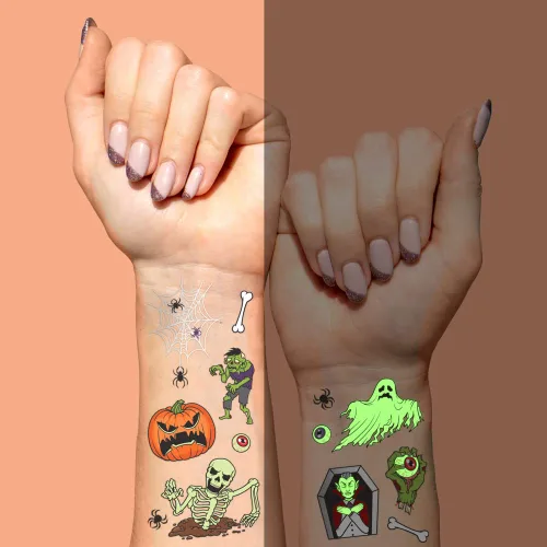 Vista 3 de xo, Fetti Tatuajes temporales de Halloween para niños, 40 estilos de tatuajes que brillan en la oscuridad, decoraciones de Halloween, esqueletos