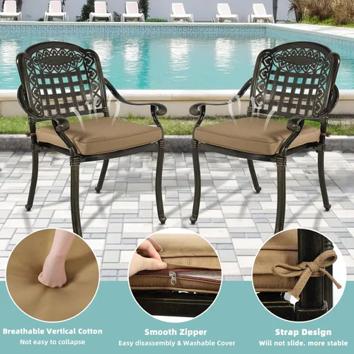 Vista 8 de MEETWARM Juego de 3 piezas de muebles de comedor de aluminio fundido para todo tipo de clima, incluye 2 sillas acolchadas y una mesa rectangular