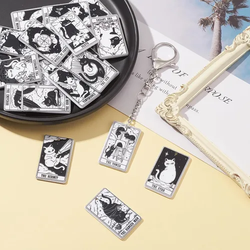 Vista 5 de Llavero con diseño de gato brujo, tarjeta de tarot para hacer joyas, 22 piezas Colgantes de acrílico gótico del zodiaco para Halloween