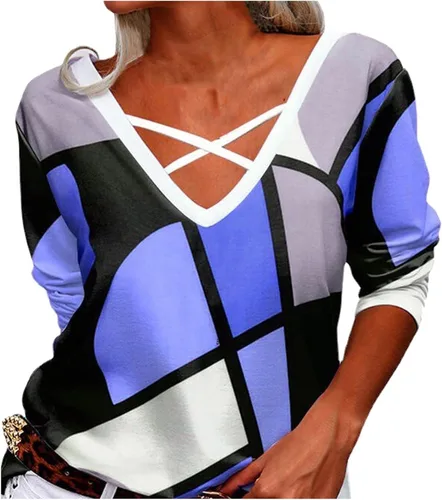 Vista 2 de Camiseta de verano para mujer, con estampado gráfico geométrico, bloque de color, a la moda, camiseta de moda con cuello en V y cuerda cruzada
