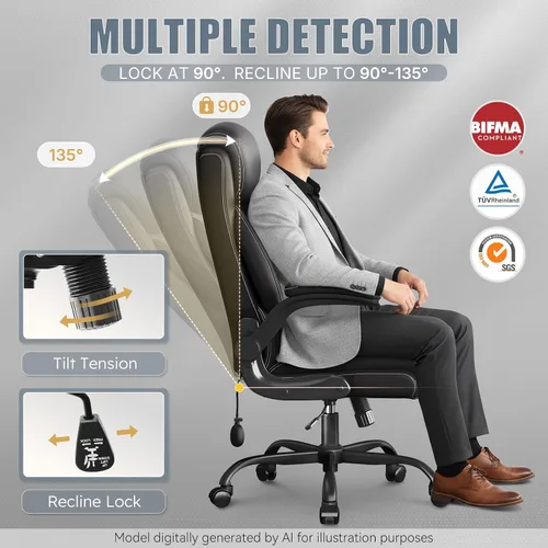 Vista 5 de Silla ergonómica de oficina, silla de computadora de escritorio en casa, silla ejecutiva de respaldo alto, silla cómoda de cuero acolchado