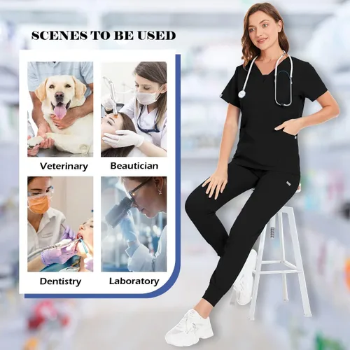 Vista 5 de niaahinn Conjunto de traje médico para mujer, moderno con cuello en V, pierna con cordón, pantalones deportivos, uniformes médicos de enfermería