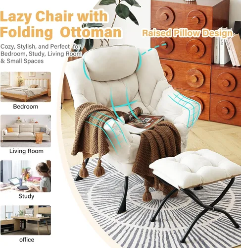 Vista 7 de Furlide - Silla perezosa con otomana, silla moderna con reposapiés plegable, silla de acento de salón, silla de lectura cómoda, sillones grandes