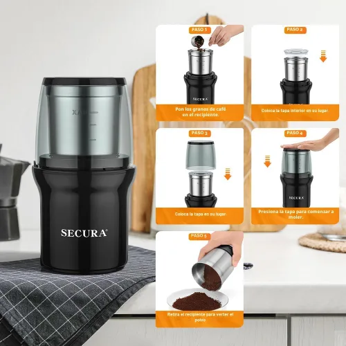 Vista 7 de Secura - Molinillo eléctrico para especias, cuencos duales de acero inoxidable para molienda húmeda y seca, uso múltiple para especias y café Negro