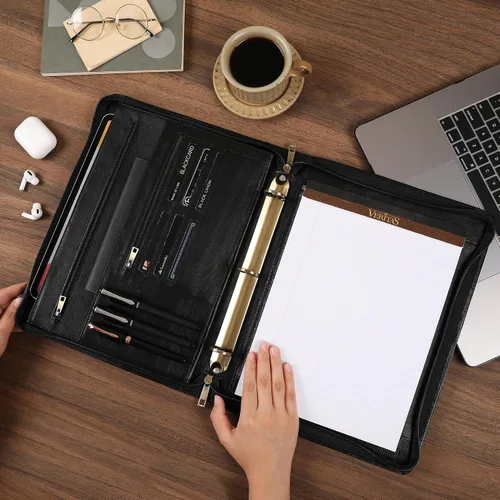 Vista 6 de Cartera de piel auténtica, carpeta de 3 anillas, organizador de padfolio de 11 x 14 pulgadas, carpeta profesional de negocios para hombres y mujeres