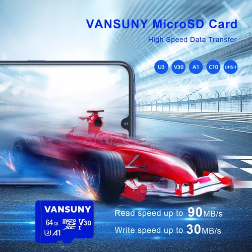 Vista 3 de Vansuny Tarjeta Micro SD de 64GB microSDXC con adaptador SD A1 App Performance V30 Grabación de video 4K C10 U3 Micro SD para teléfono, cámara