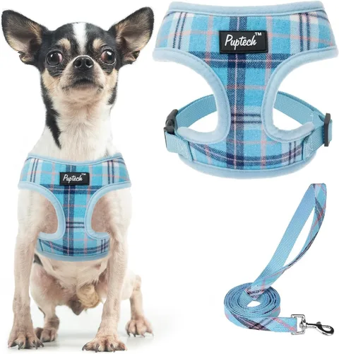 Vista 87 de PUPTECK Juego de arnés y correa de malla suave para perro, cachorro y gato, cómodo chaleco acolchado sin tirones, azul Pascua, S
