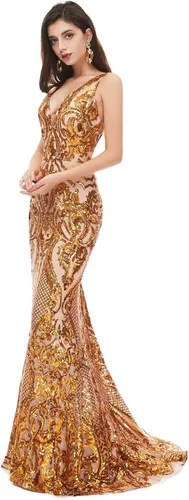 Vista 7 de Leyidress Vestido de fiesta de sirena con cuello en V y lentejuelas para mujer, sin mangas, vestido de noche de trompeta para desfile