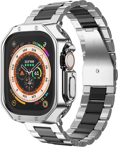Vista 13 de Compatible con Apple Watch Banda y Estuche, Cadena de Metal de Acero Inoxidable con Cubierta de TPU, Correa de Pulsera de Eslabones
