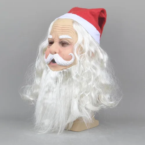 Vista 4 de Máscara de Papá Noel realista de látex con barba y sombrero rojo para adultos y niños, disfraz de cosplay de Navidad, talla única