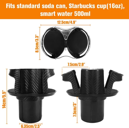 Vista 2 de Portavasos doble para automóvil, inserto de taza extra 2 en 1 con base expandible, adaptador extensor multifuncional con boca elástica de apertura