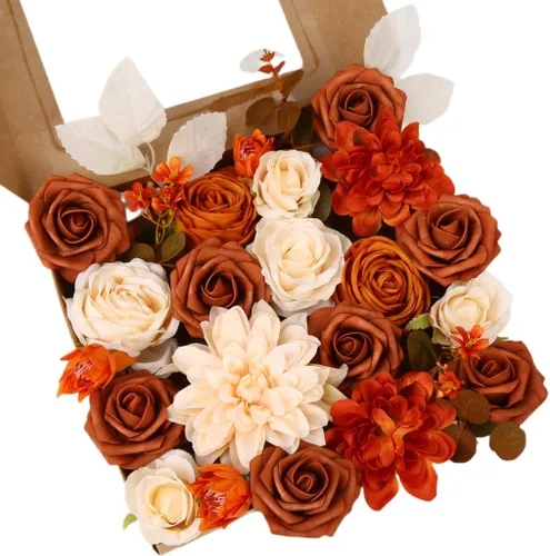 Vista 13 de Caja de flores artificiales azul marino, rosas de dalias de seda con tallos para manualidades, ramos de boda, centros de mesa, arreglos, decoración